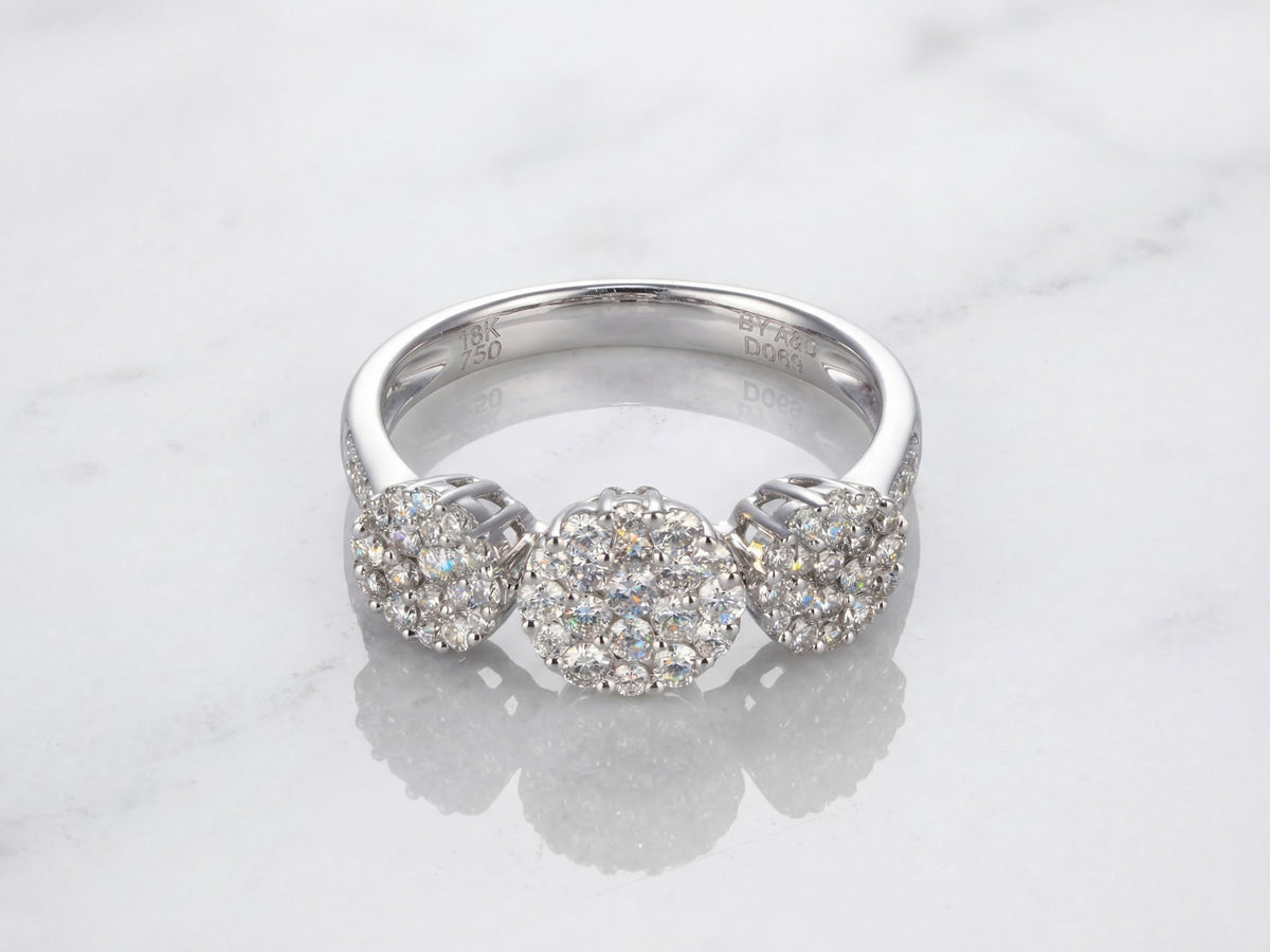 18K White Gold Three-Stone Diamond Cluster Ring