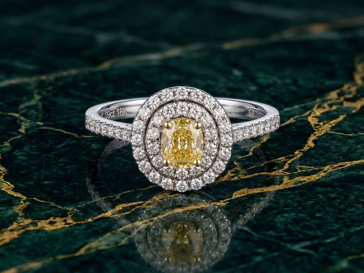 18K White Gold Yellow Diamond Engagement Ring With Double Halo