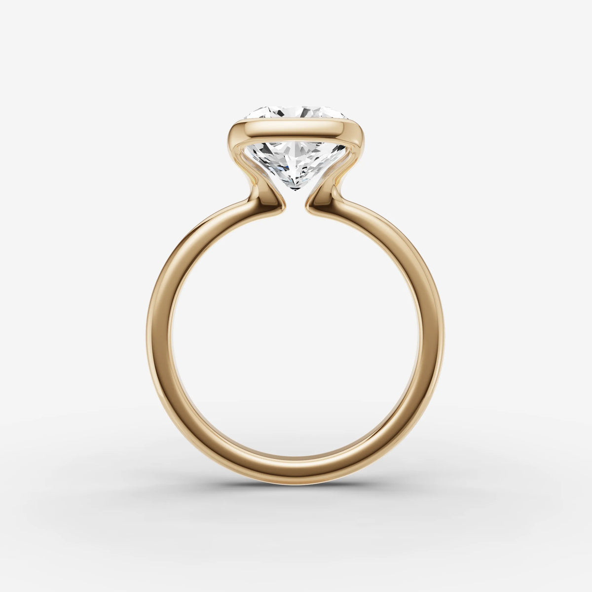 Demi cushion diamond setting in gold, profile angle