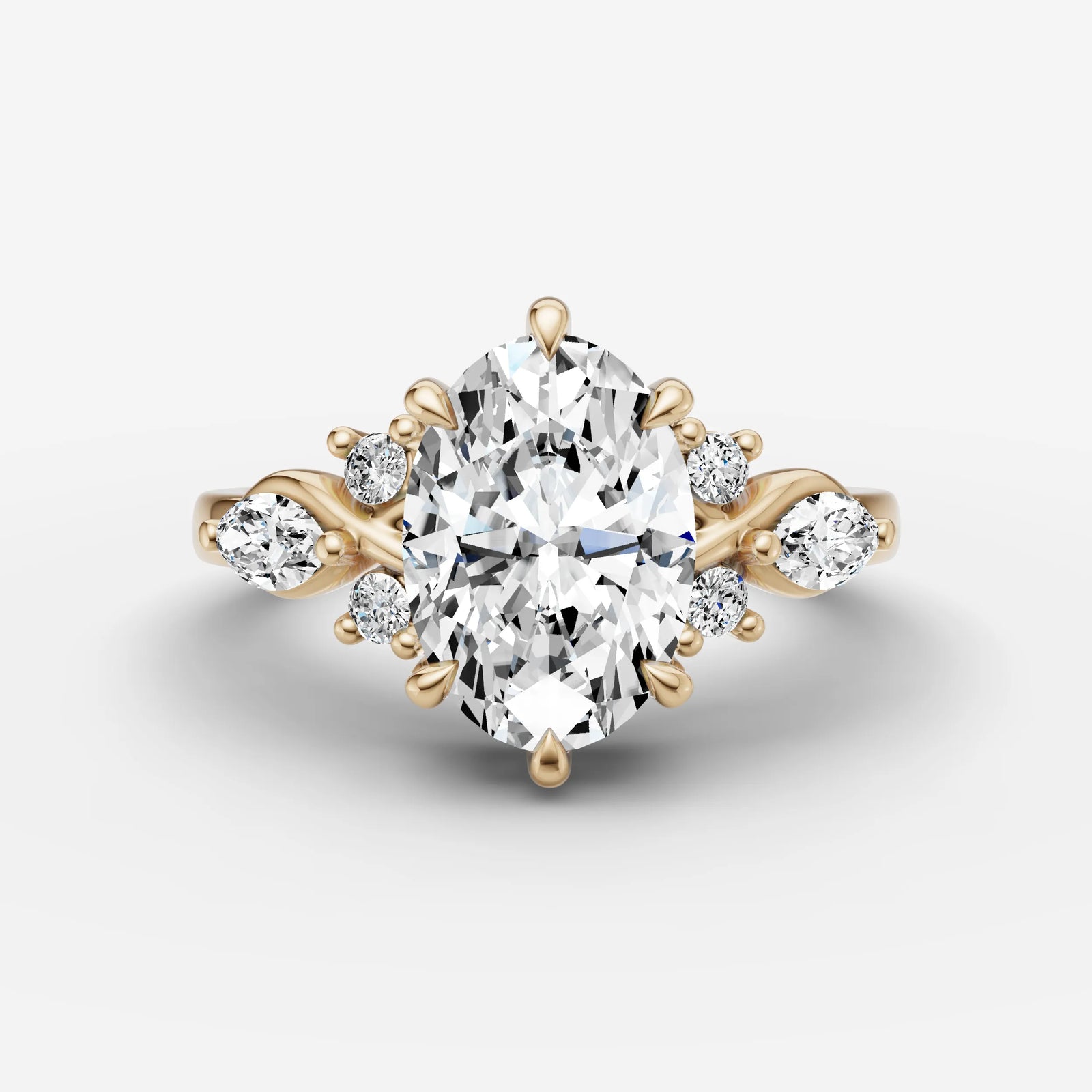 Fleur oval diamond setting in gold, front view