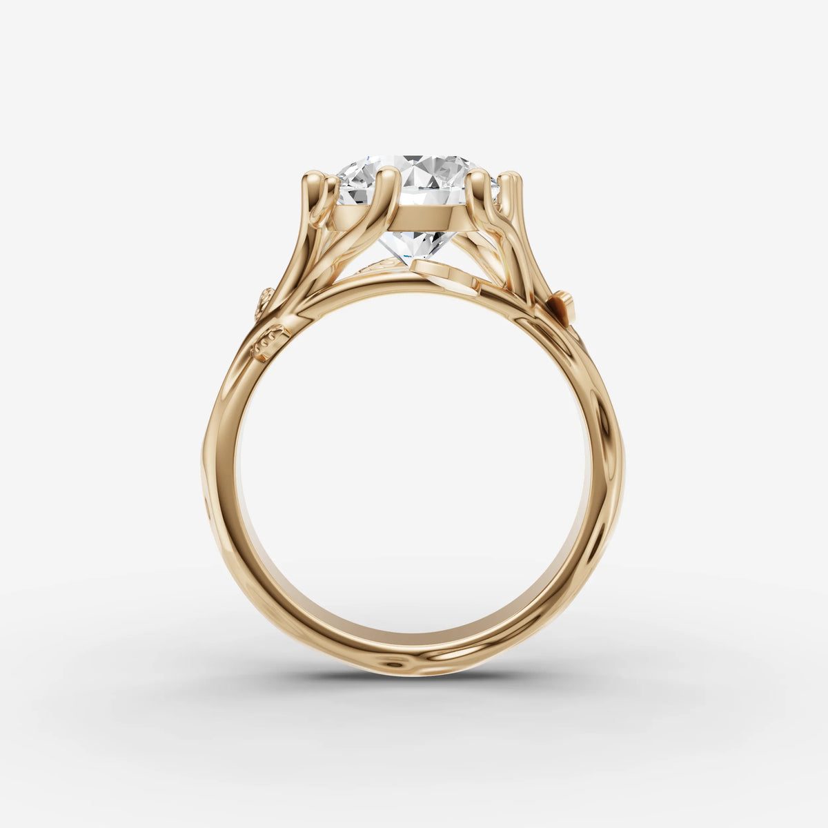 Fleur round diamond setting in gold, profile angle