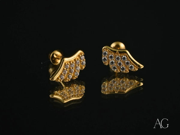 Pair of 18k gold angel wings earrings with CZ gemstones