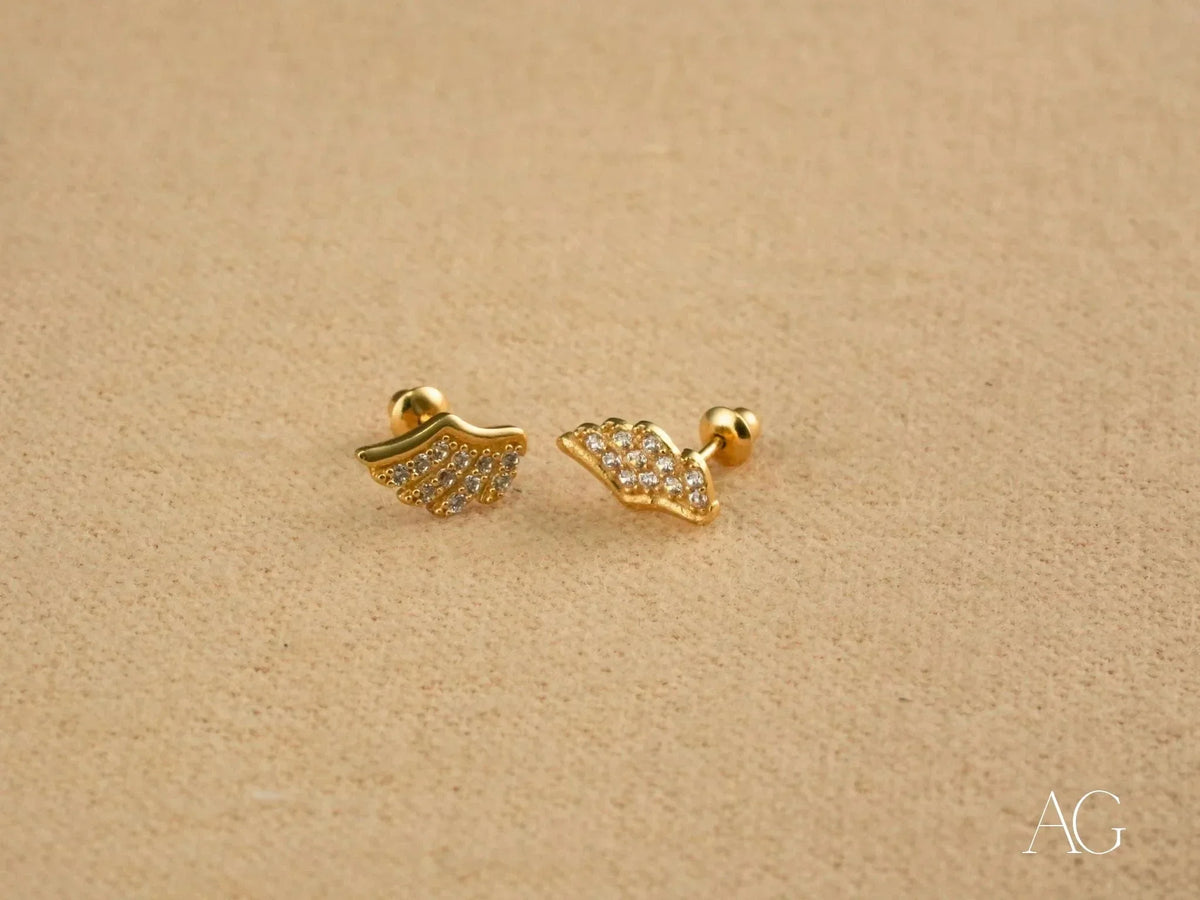 Angel Wings 18k Gold CZ Fan-Shaped Earrings with Clear Gemstones