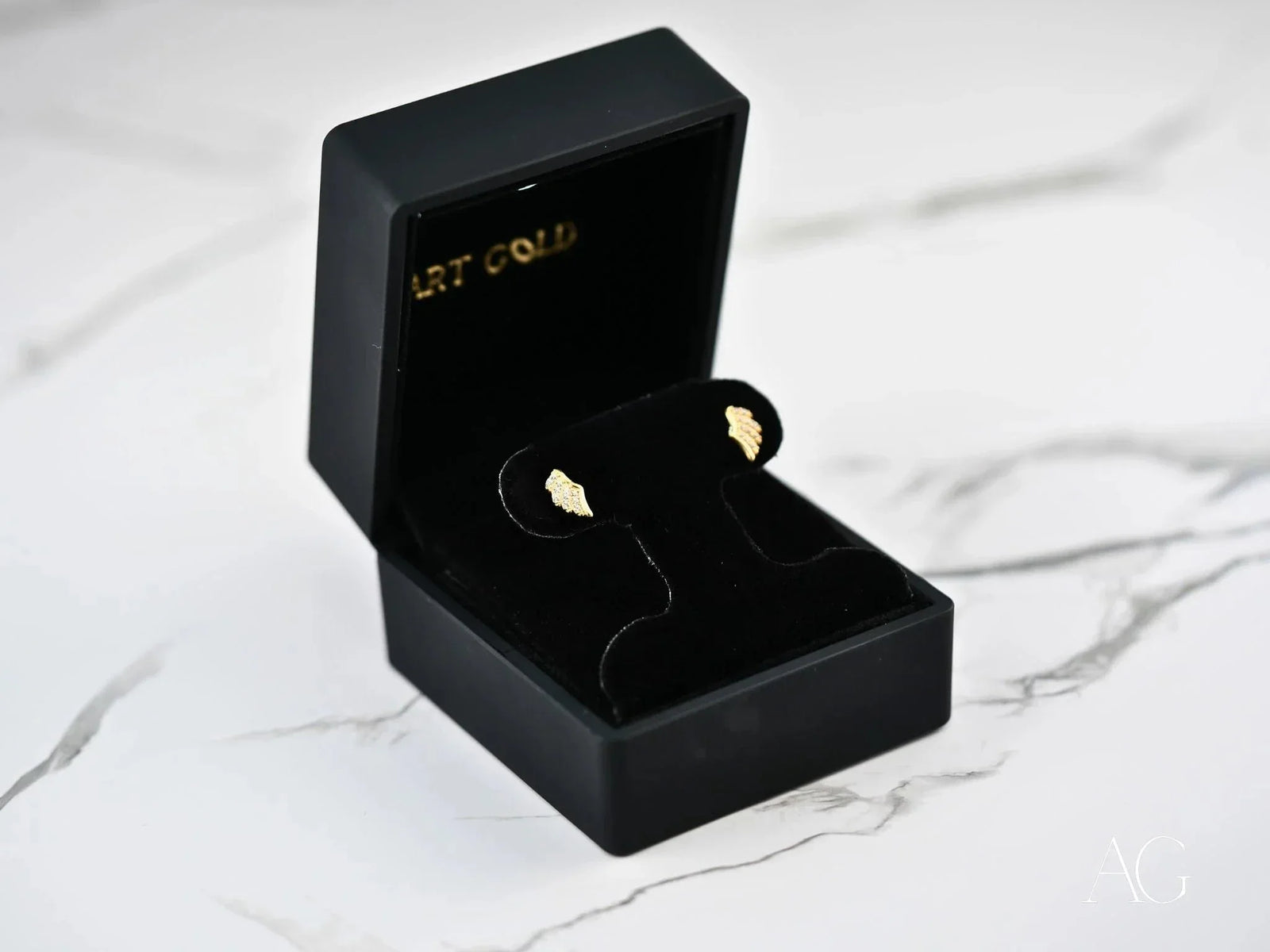 Angel Wings 18k gold CZ wing earrings in black velvet box