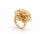 Three-quarter angle view of dimensional 18K gold flower ring showing layered openwork petals