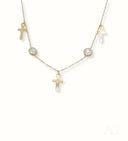 Art Gold Jewelry 18k Charms Anklet with gold chain, cross charms, and mother-of-pearl stones