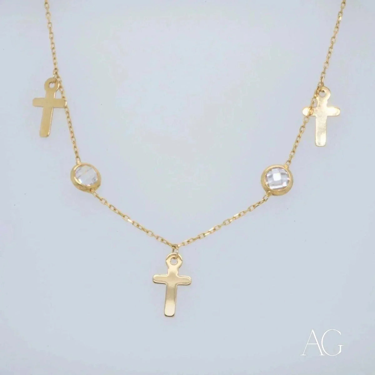Art Gold Jewelry 18k charms anklet with gold chain, cross pendants, and clear gemstones
