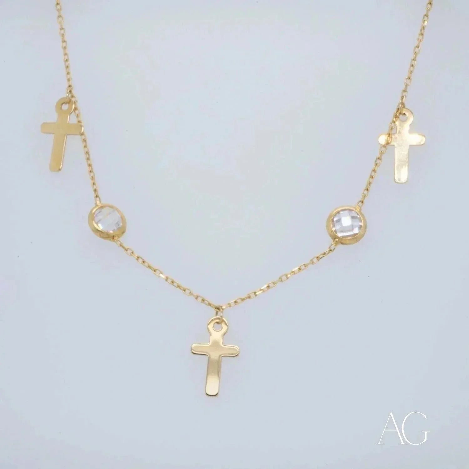 Art Gold Jewelry 18k charms anklet with gold chain, cross pendants, and clear gemstones