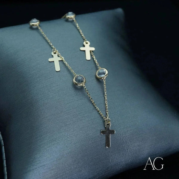 Art Gold Jewelry 18k Charms Anklet with Gold Chain and Gemstone Cross Pendants