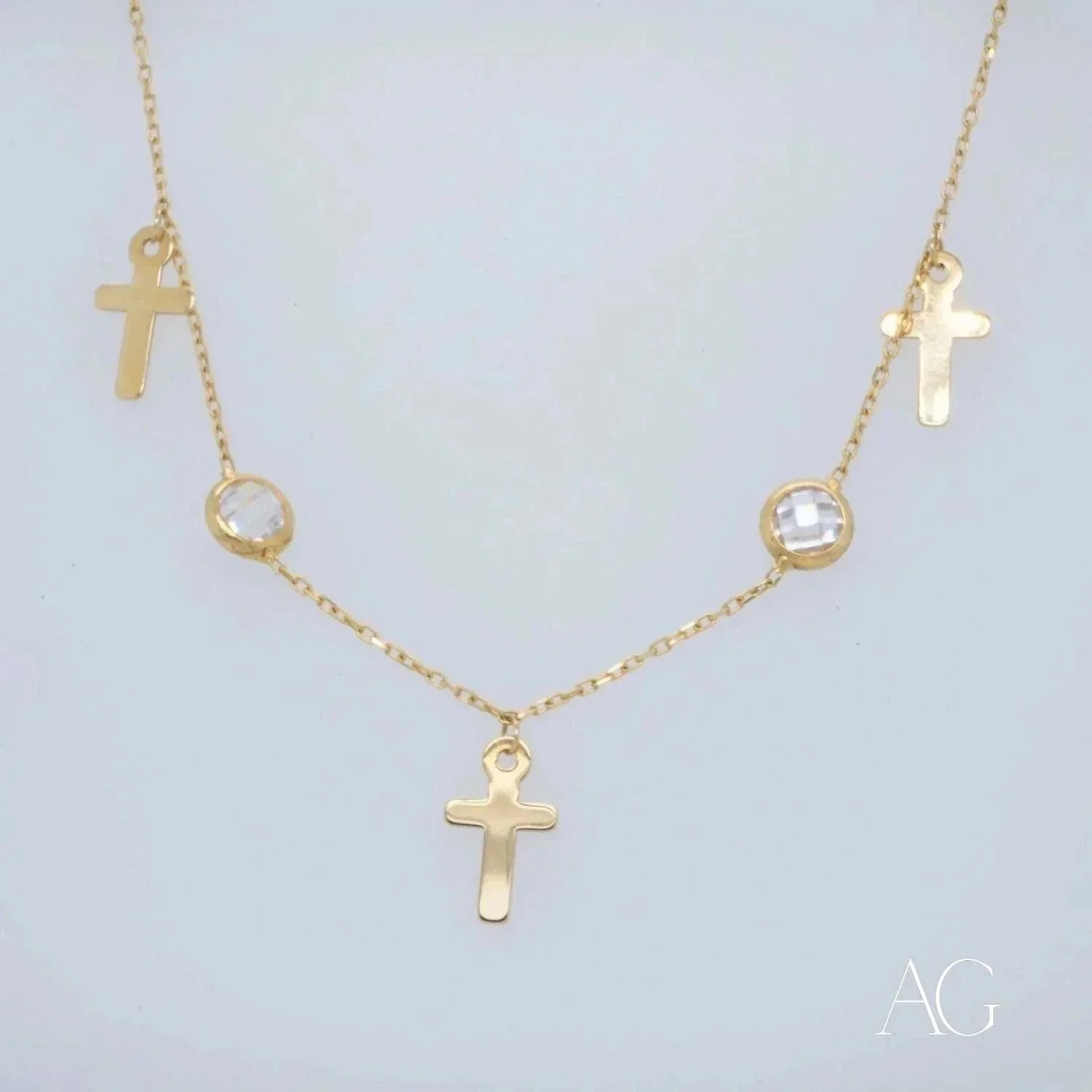 Art Gold Jewelry 18k Charms Anklet with Gold Necklace, Cross Pendants, Clear Gems