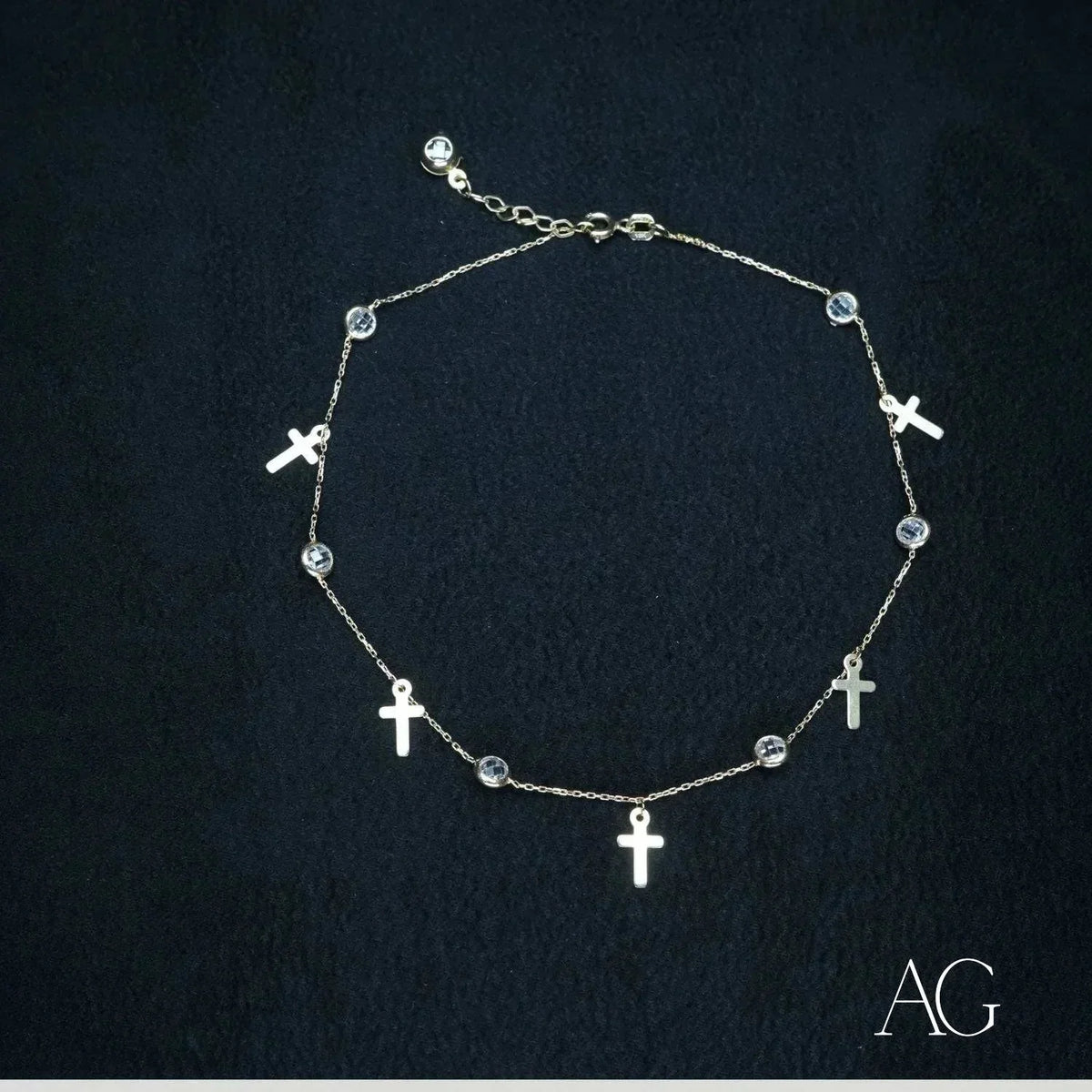 Art Gold Jewelry 18k Charms Anklet with Silver Chain, Clear Stones, Cross Charms