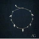 Art Gold Jewelry 18k Charms Anklet with Silver Chain, Clear Stones, Cross Charms