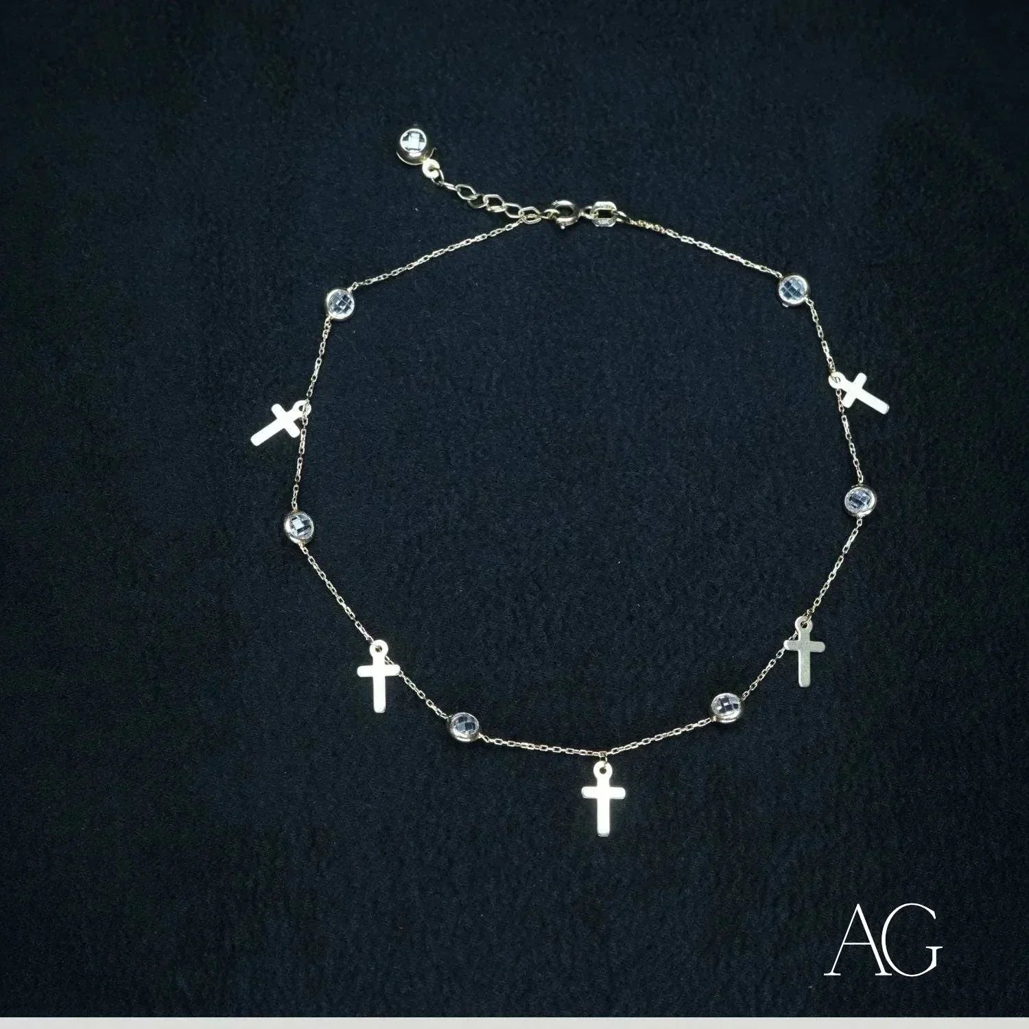 Art Gold Jewelry 18k Charms Anklet with Silver Chain, Clear Stones, Cross Charms