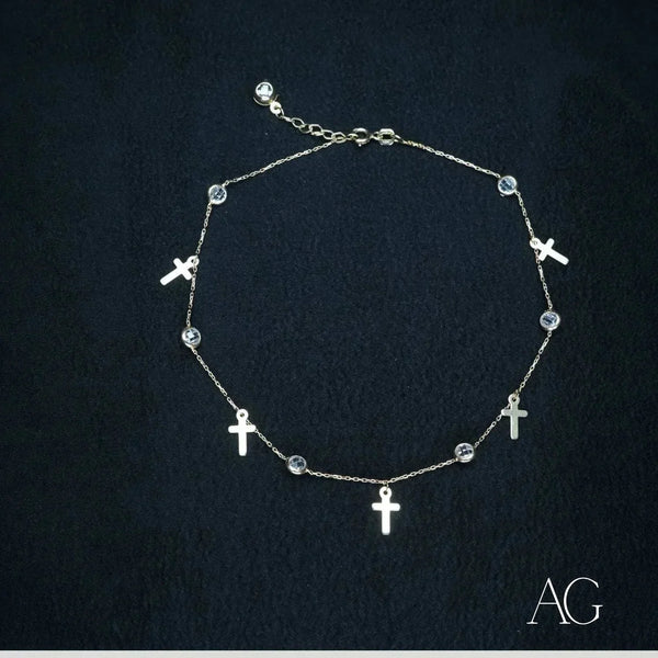 Art Gold Jewelry 18k Charms Anklet with Silver Chain, Clear Stones, Cross Charms