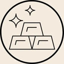 Three stacked gold bars enclosed in a circular outline with sparkling star icons above.