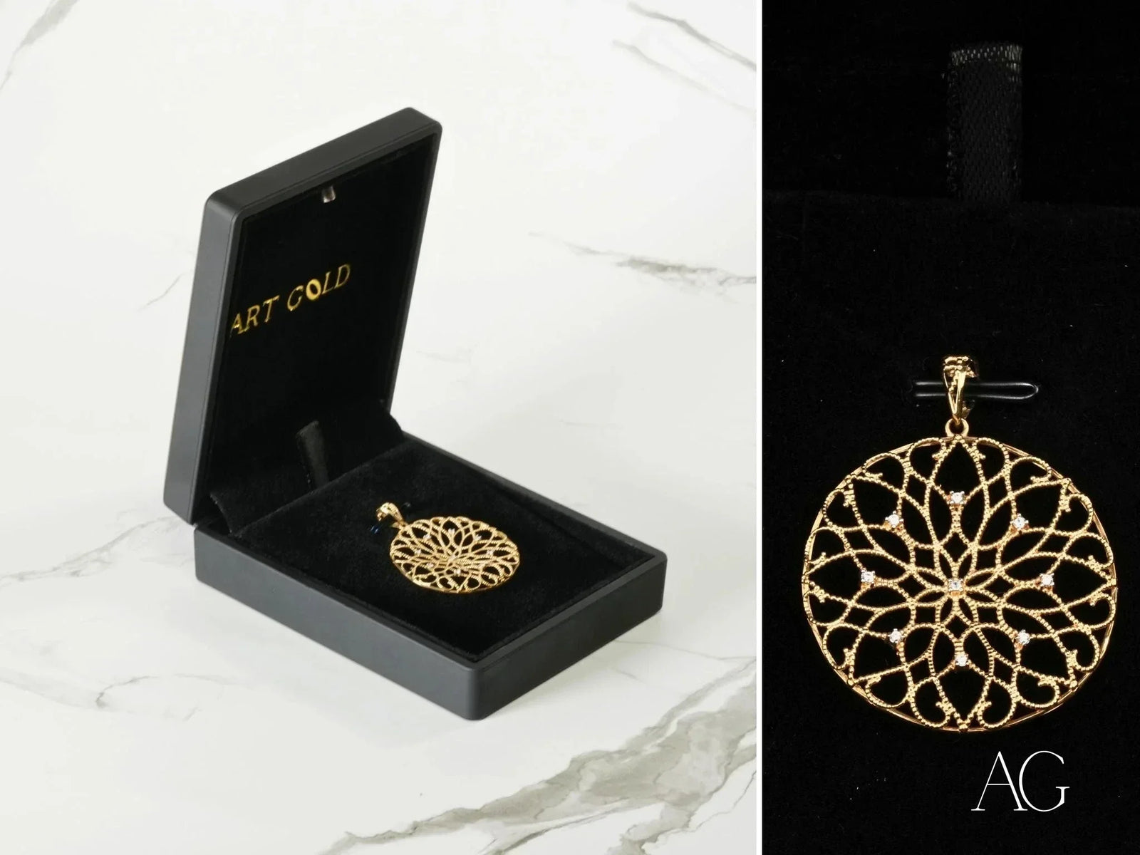 Blossom Spark flower pendant in art gold jewelry with CZ stones