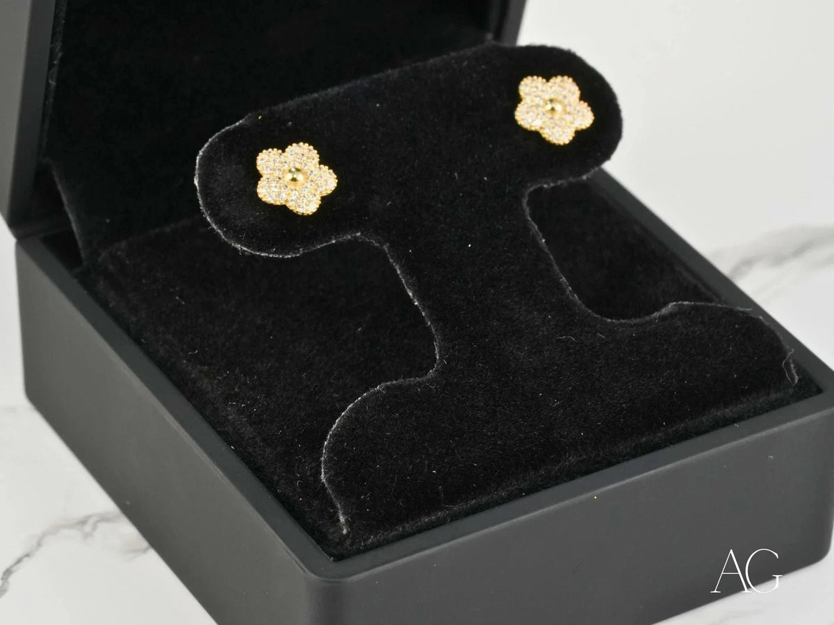 Blossom Sparkle gold CZ flower earrings in solid 18K gold, velvet box