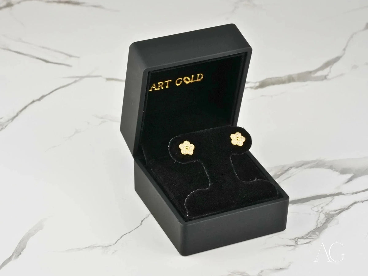 Blossom Sparkle solid 18K gold CZ flower earrings in black box