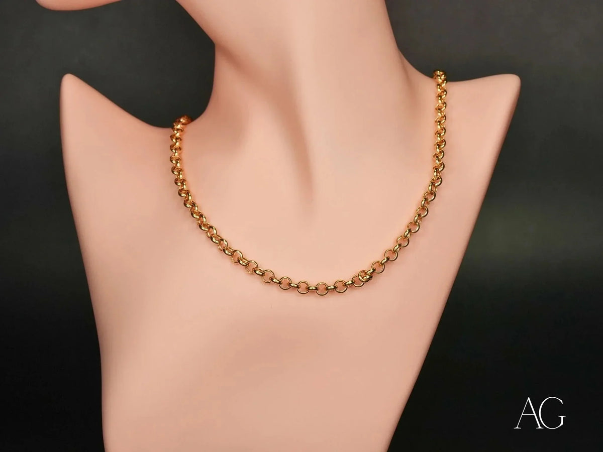 Shiny 18K solid gold rolo chain necklace on mannequin