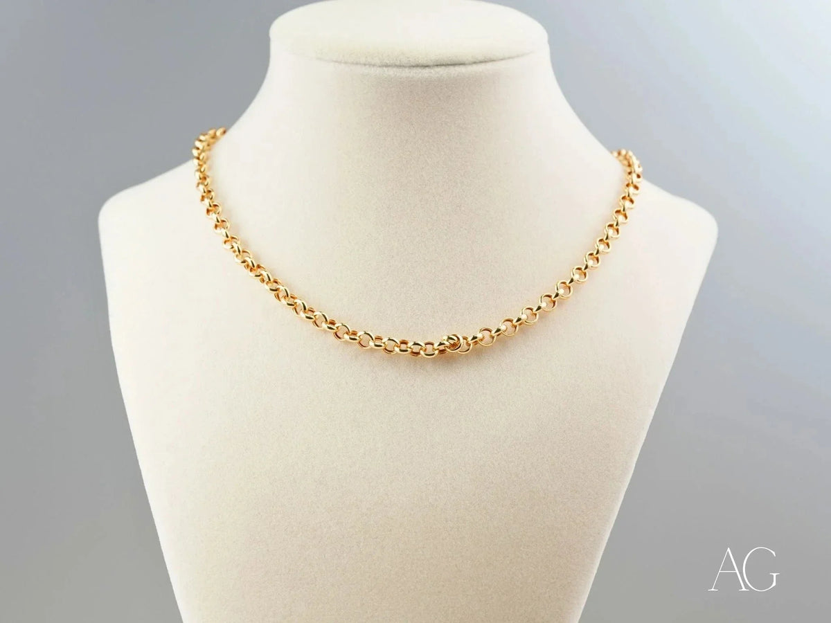 Bold 18K solid gold rolo chain necklace on mannequin