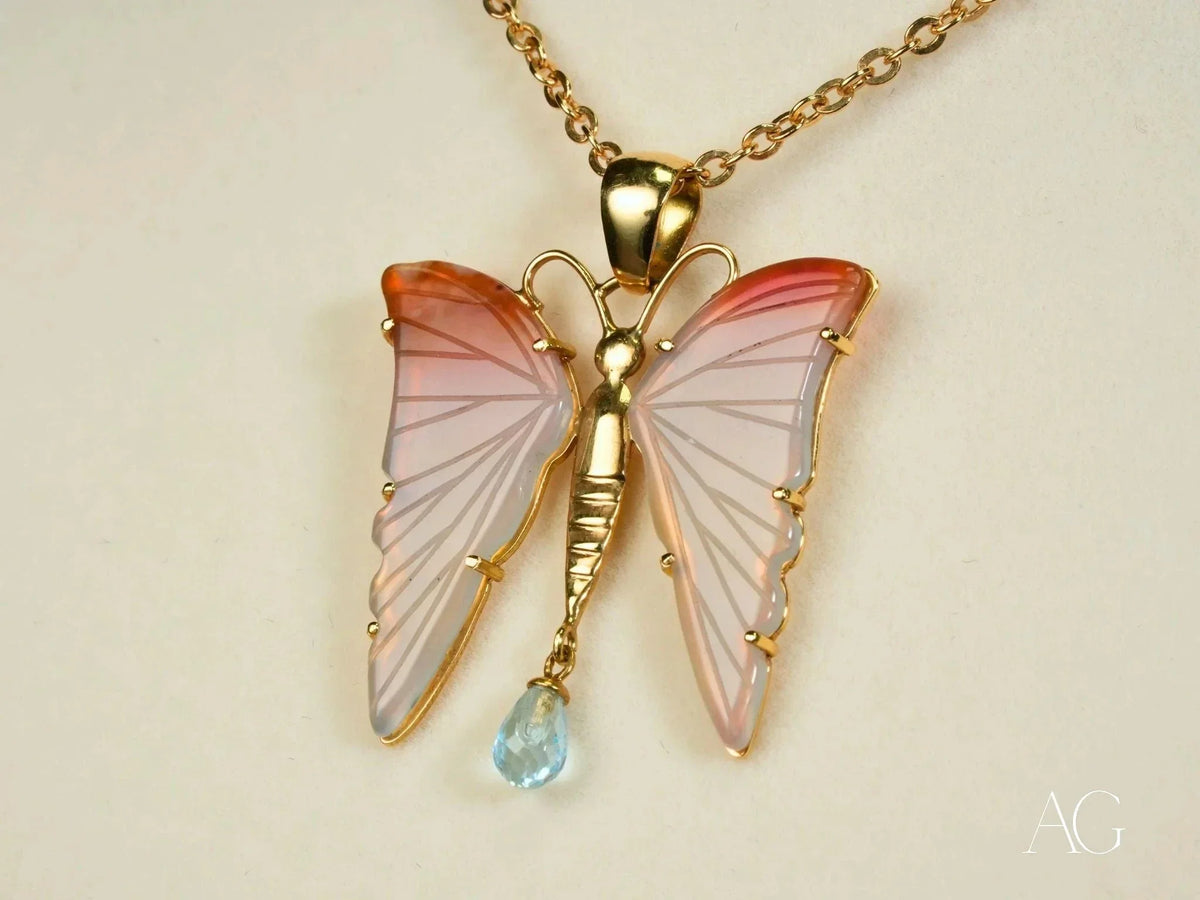 Butterfly Bliss agate and topaz pendant in art gold jewelry