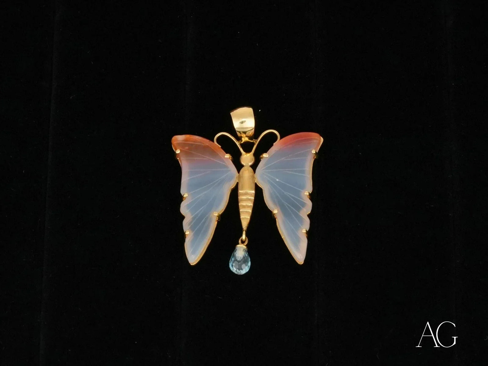 Butterfly Bliss topaz pendant with agate wings and gemstone drop