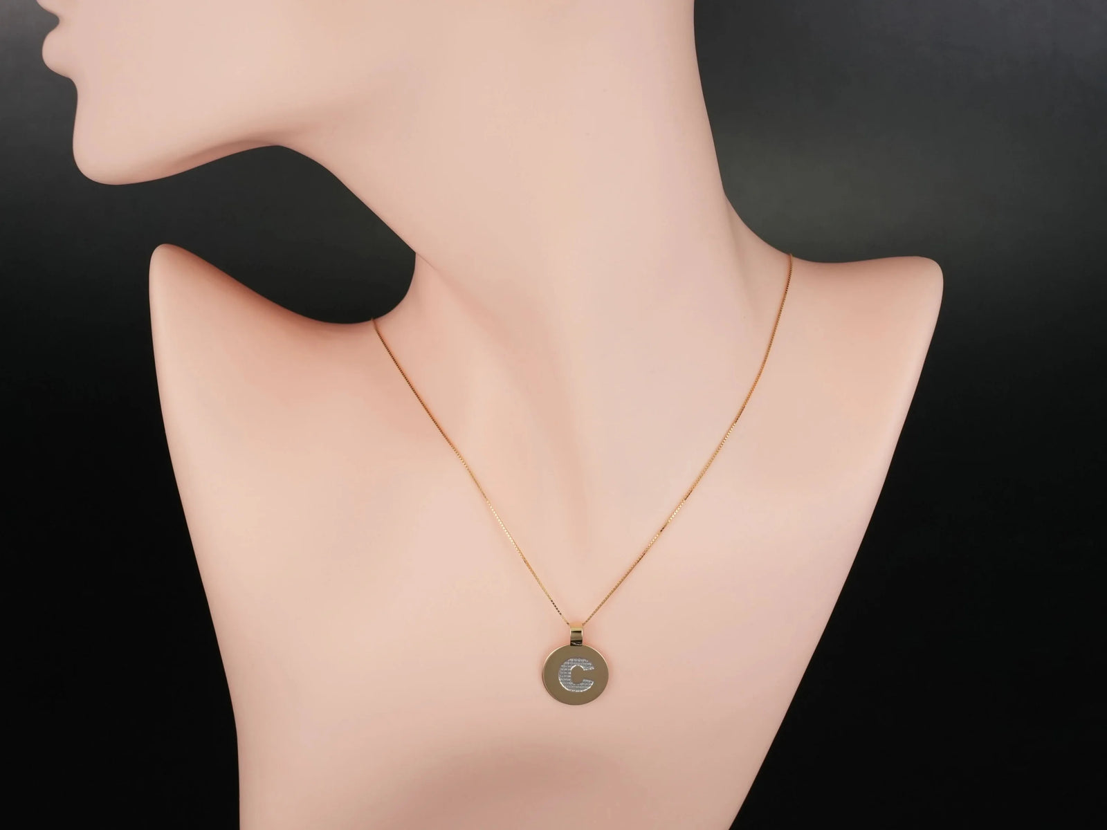 18k gold Celestia initial disc personalized necklace with round C pendant