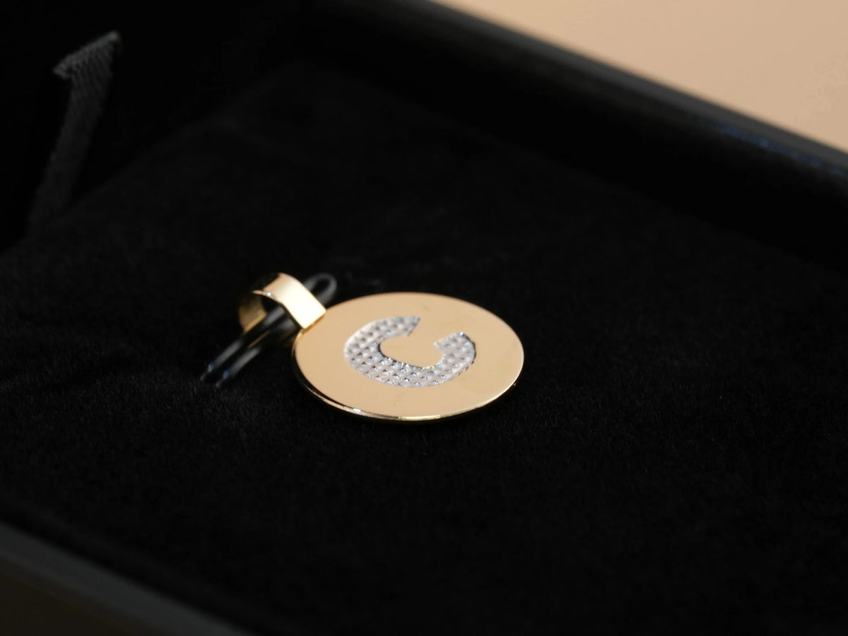 18k gold Celestia initial disc personalized necklace with textured C pendant