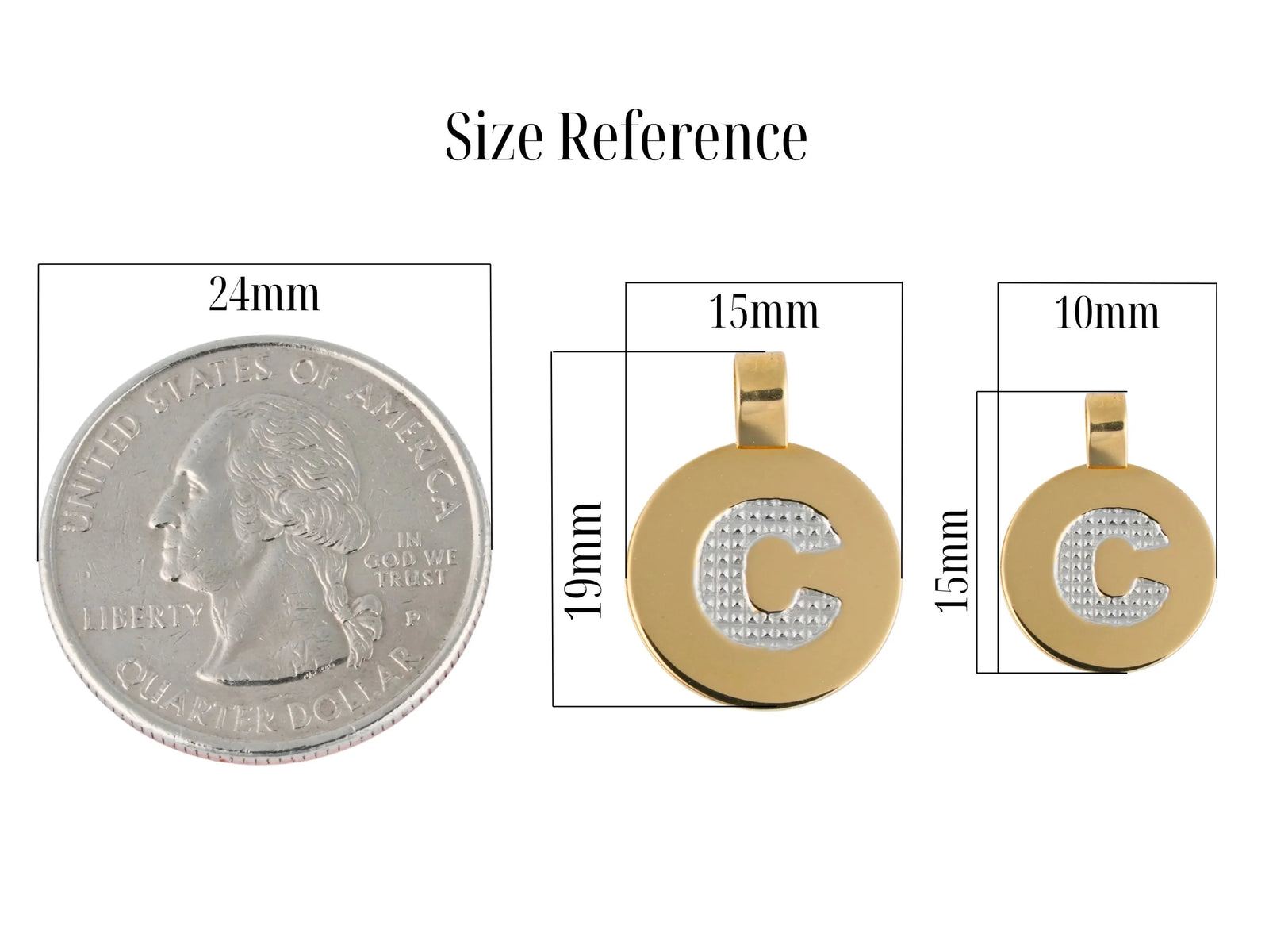 Celestia initial disc C pendants in 18k gold, sizes vs US quarter