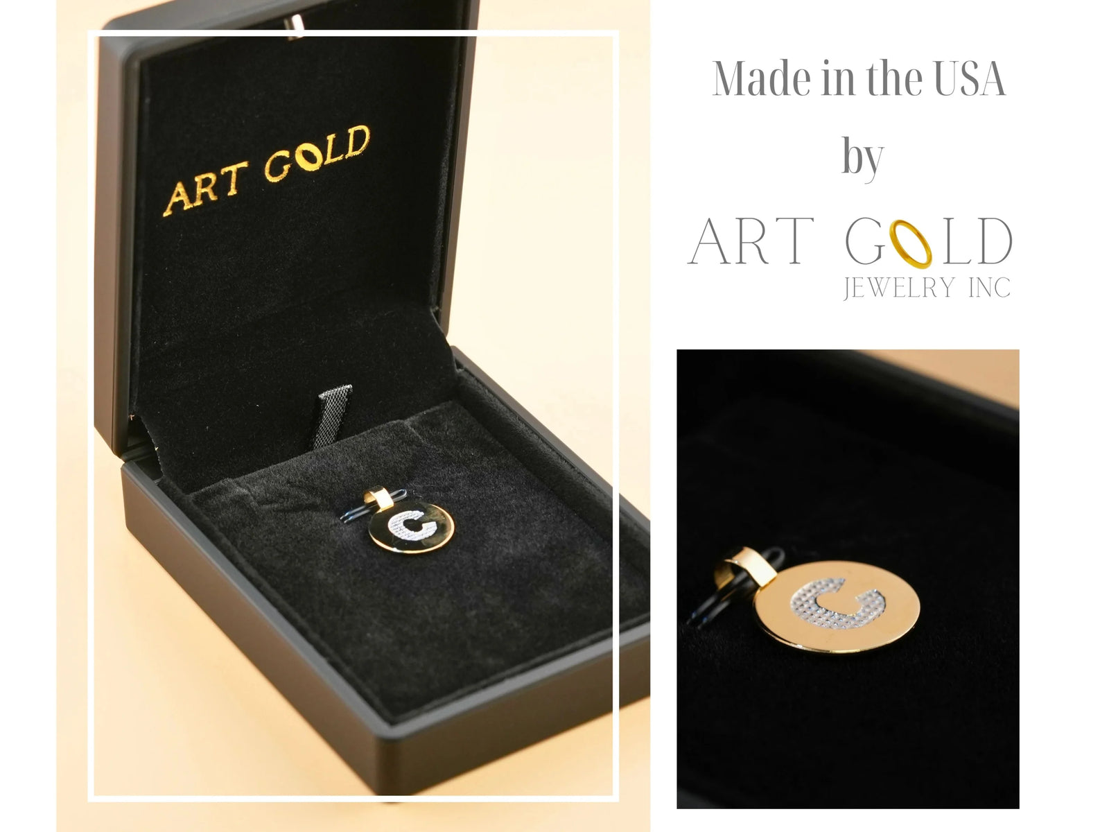 18k gold Celestia initial disc personalized necklace with pavé C in black box