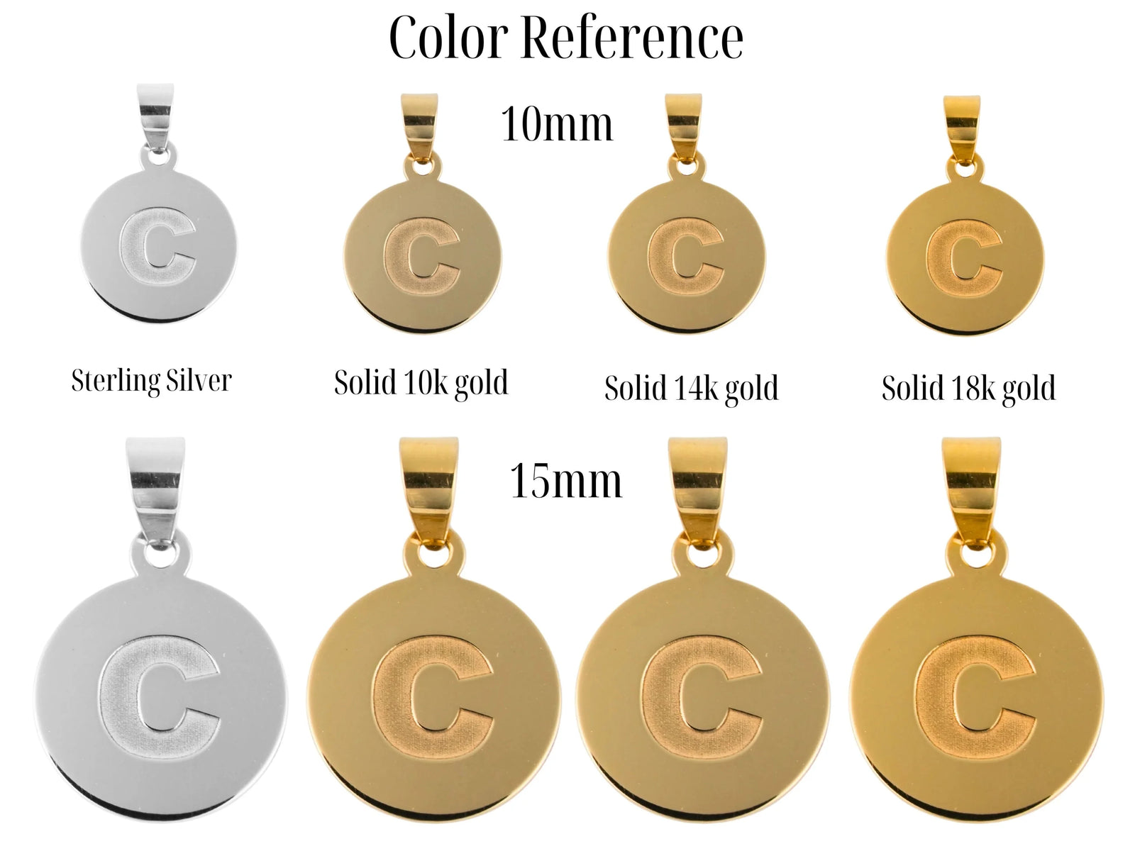 Celestia disc personalized initial C pendant in gold karats and silver