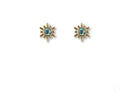 Celestial Glow gold blue topaz stud earrings with sunburst design