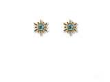Celestial Glow gold blue topaz stud earrings with sunburst design