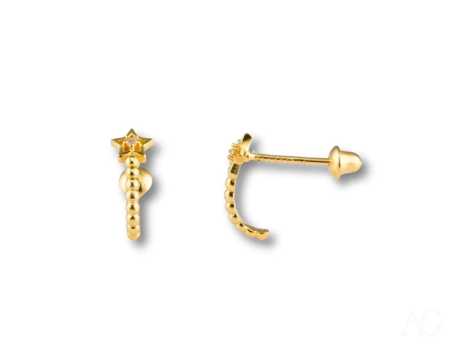 Celestial Glow 18k gold star earrings with beaded crescent moon studs