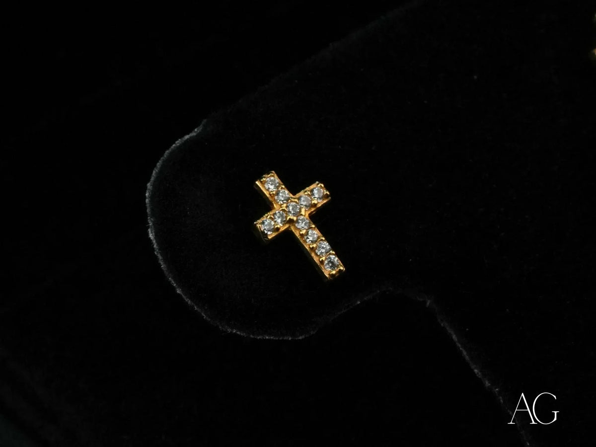 Certified 18K solid gold cross CZ stud earrings, art gold jewelry