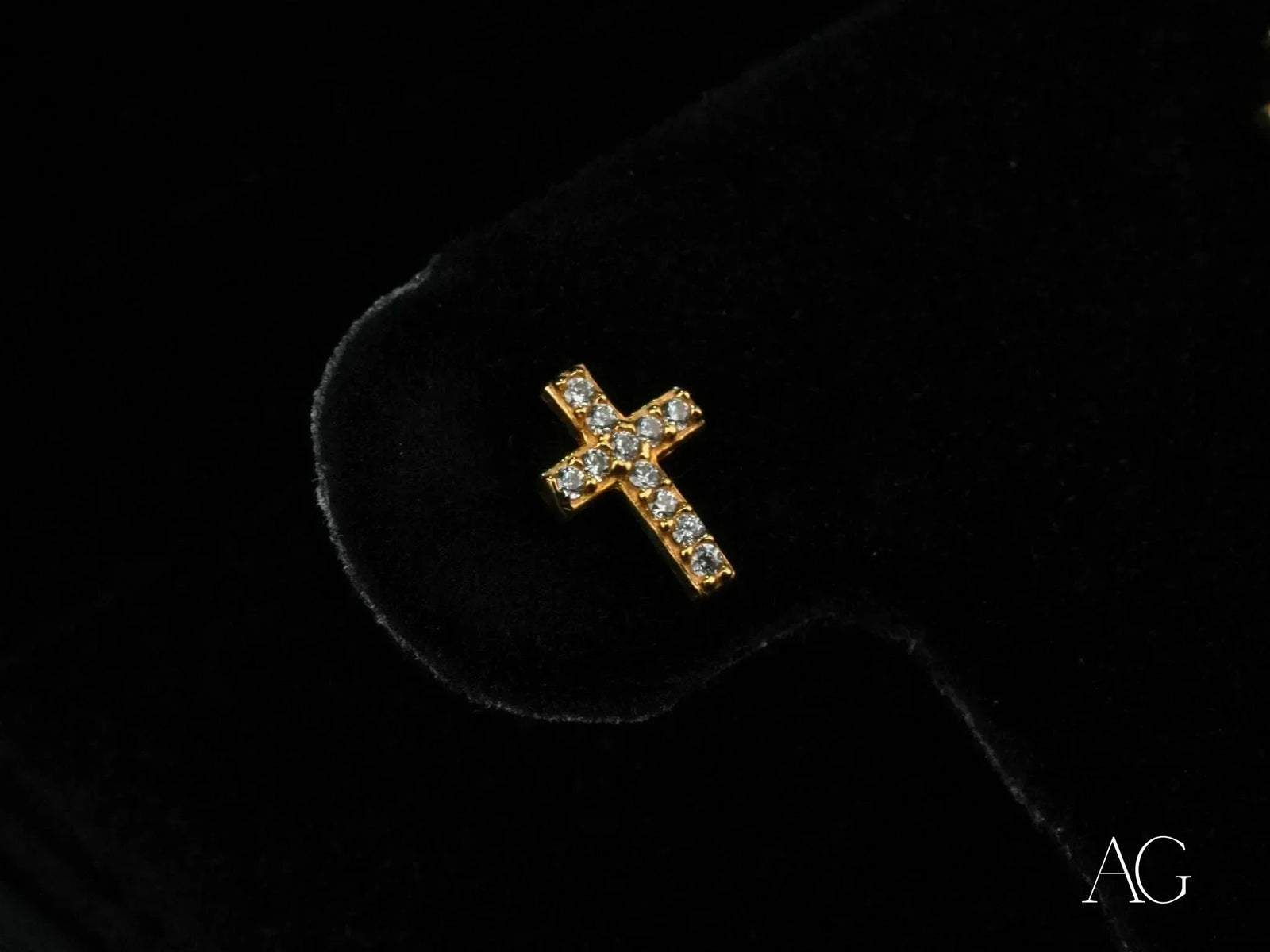 Certified 18K solid gold cross CZ stud earrings, art gold jewelry