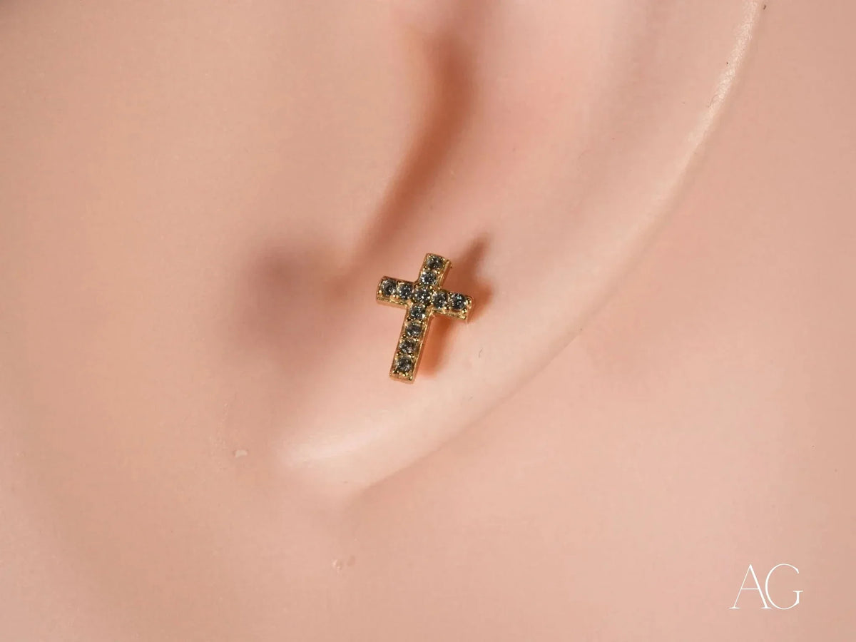 18k gold cross CZ stud earring with dark gemstones