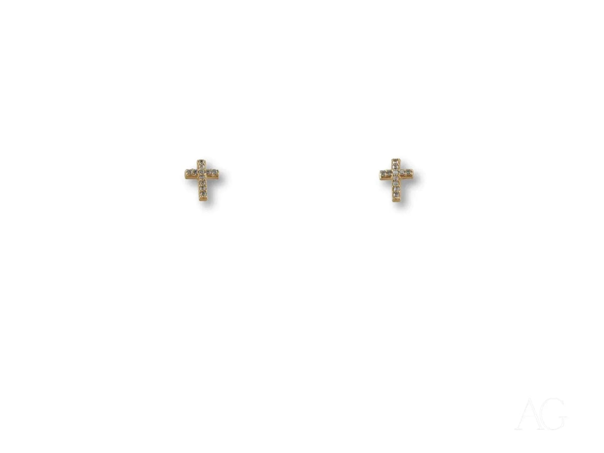 Pair of certified 18k solid gold cross CZ stud earrings with sparkle