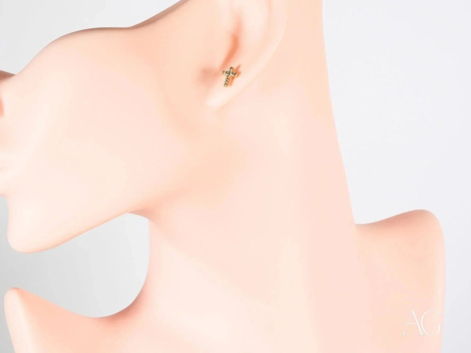 18K gold cross CZ stud earrings with gemstones, certified 18K solid art gold jewelry
