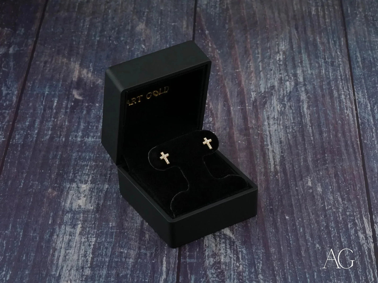 18K Gold Cross CZ Stud Earrings in Black Gift Box