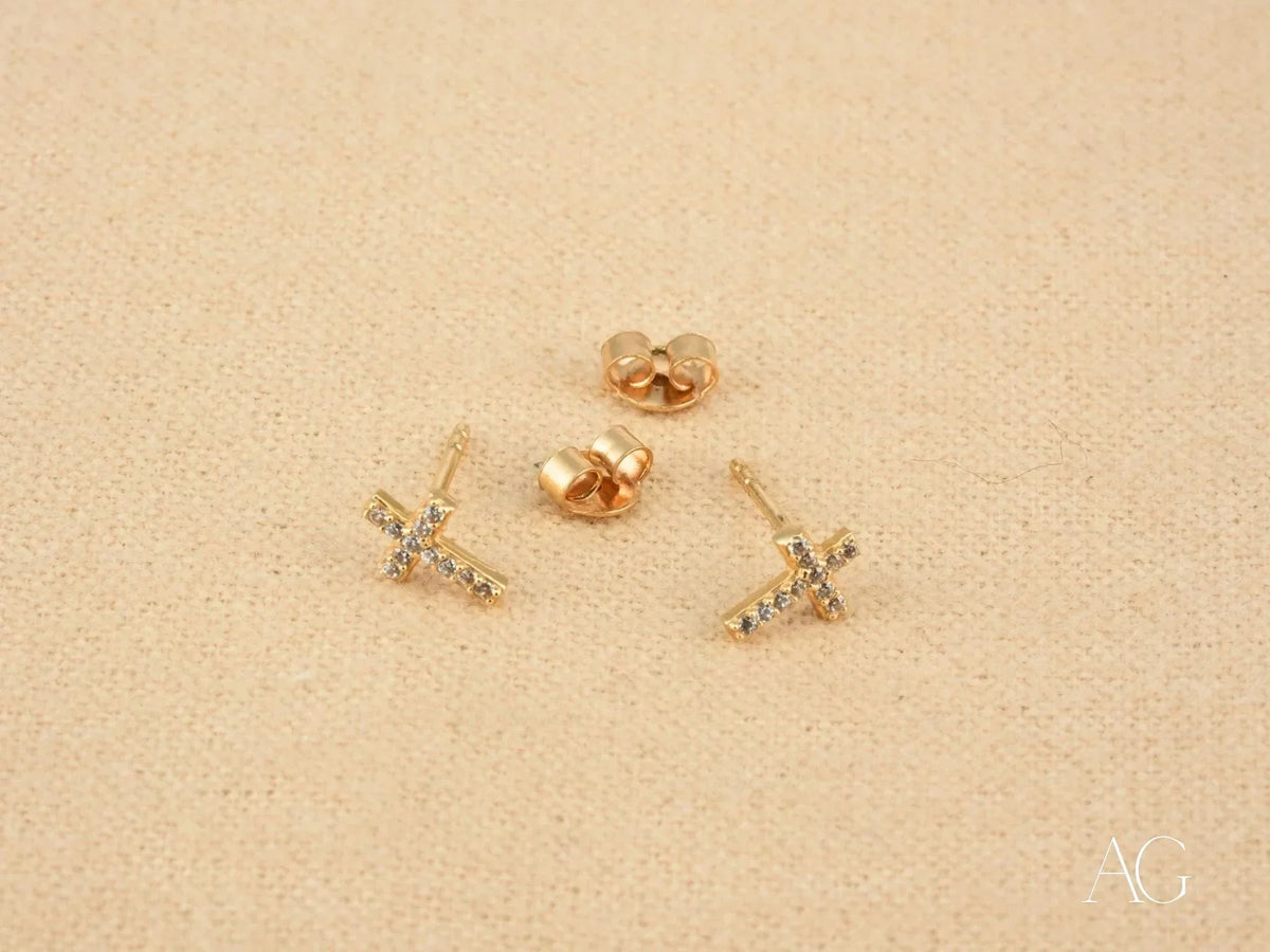 Celestial Grace 18K gold cross CZ stud earrings with rose gold and clear gems