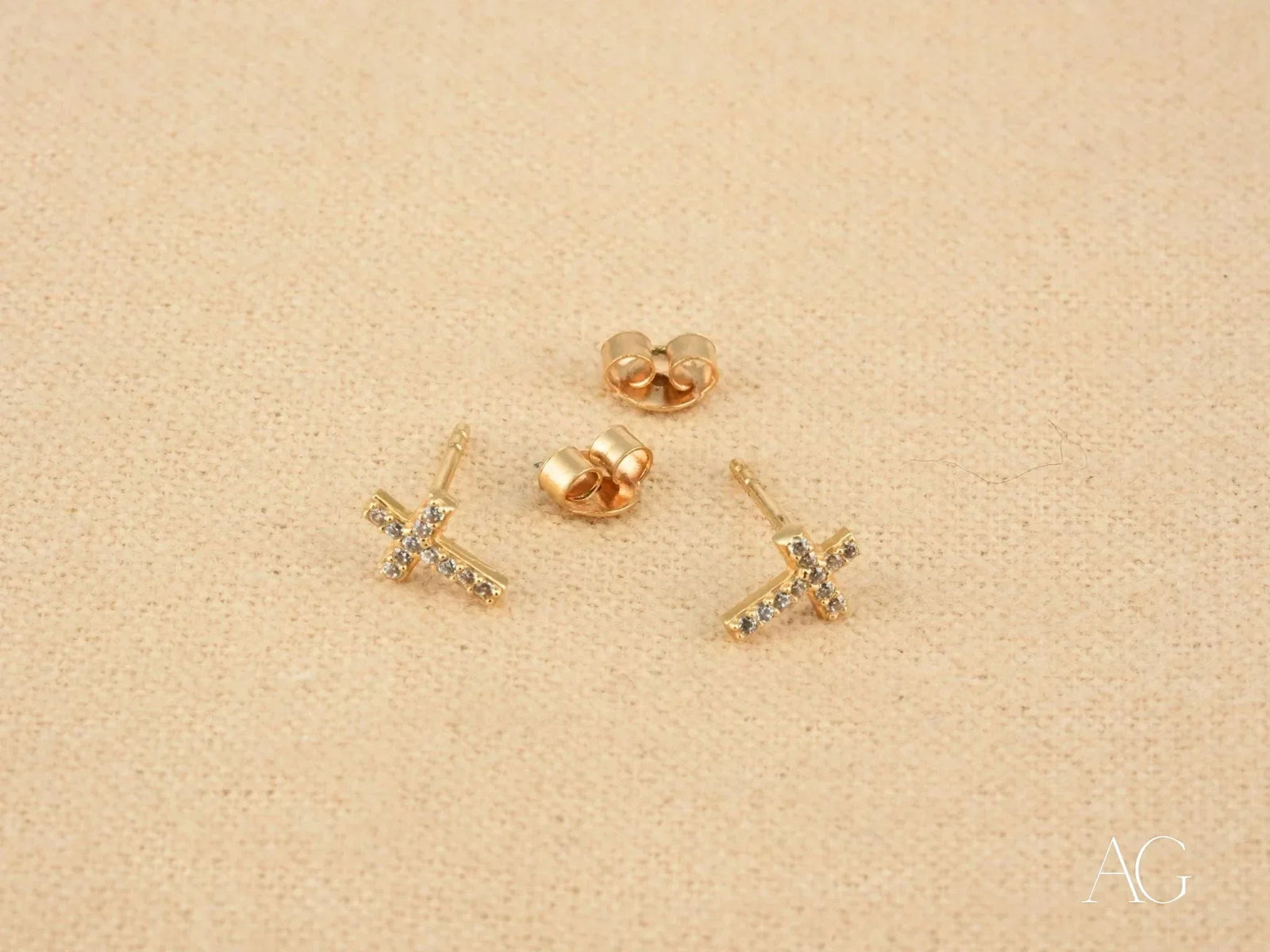 Celestial Grace 18K gold cross CZ stud earrings with rose gold and clear gems