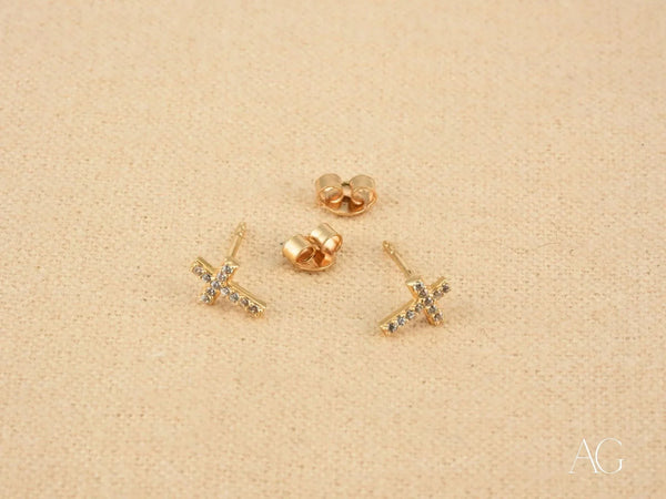 Celestial Grace 18K gold cross CZ stud earrings with rose gold and clear gems
