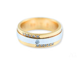 Two-tone gold wedding band with diamond accents, angled view showing band profile