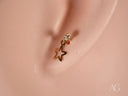 Certified 18K solid gold star drop earrings with clear gemstone and dangling open-outline star
