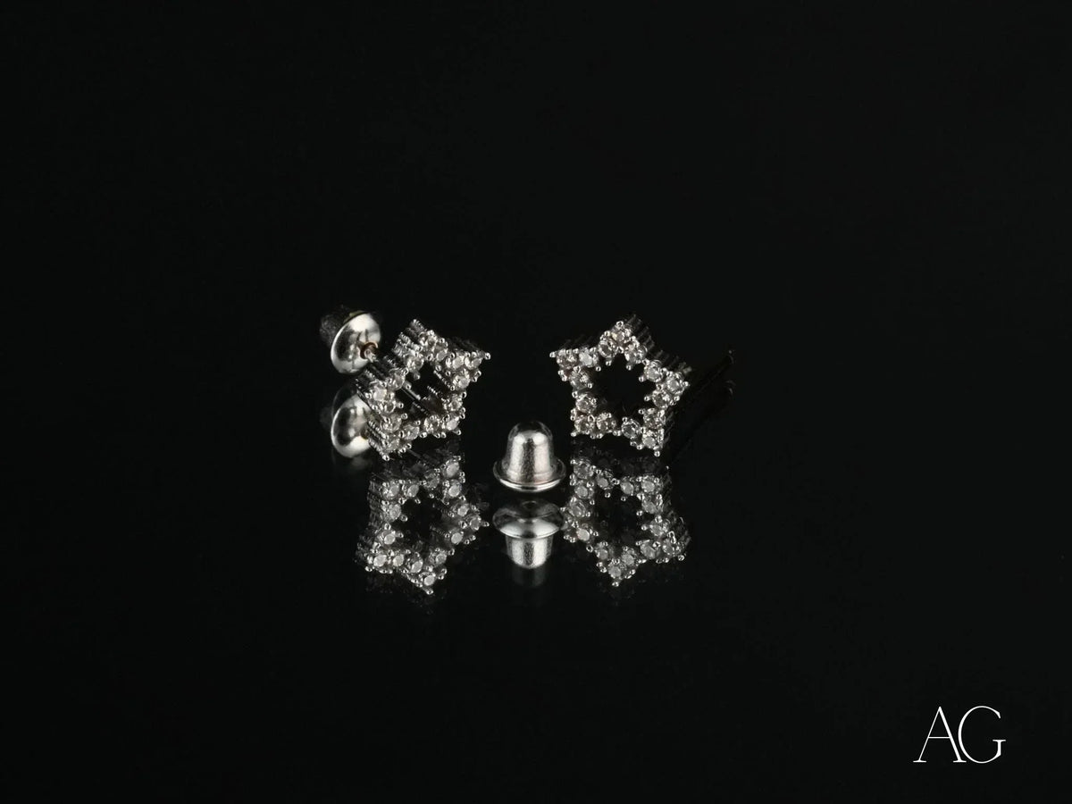 Celestial Spark: 18K white gold star CZ stud earrings with certified 18k solid backs