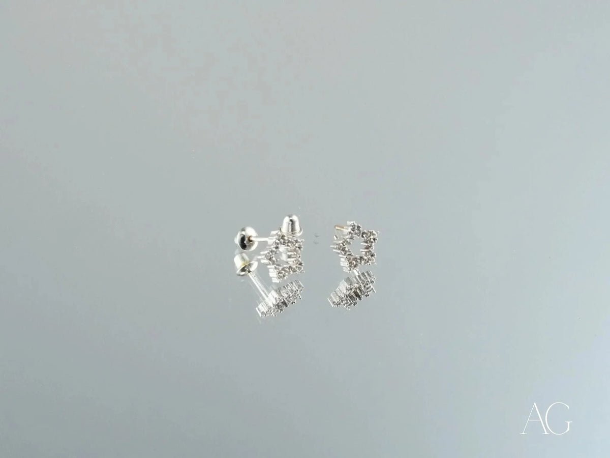 18k white gold star CZ earrings with certified 18k solid floral gemstones