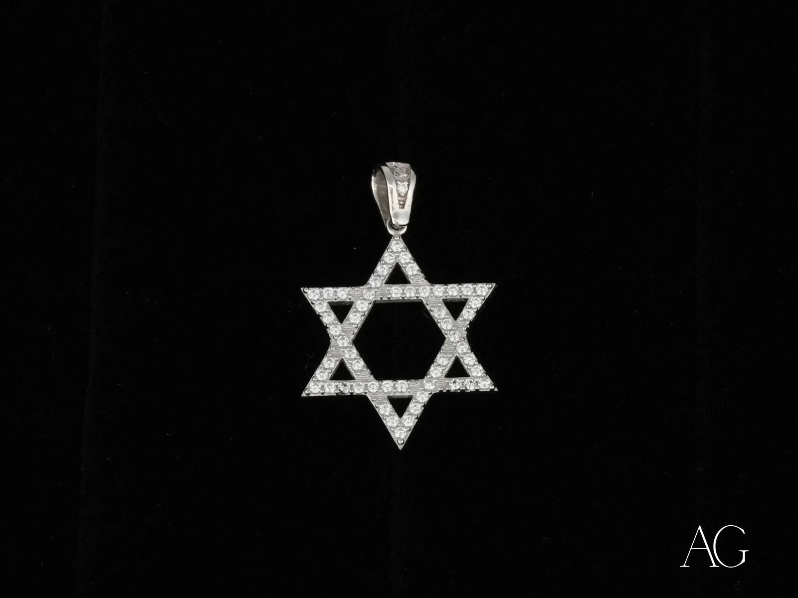 Celestial Star of David pendant in 18k white gold with diamond studs