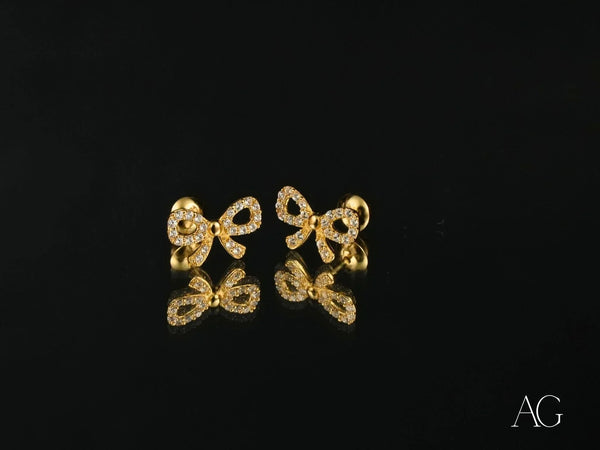 Charming Bow solid 18k gold CZ bow earrings in art gold jewelry