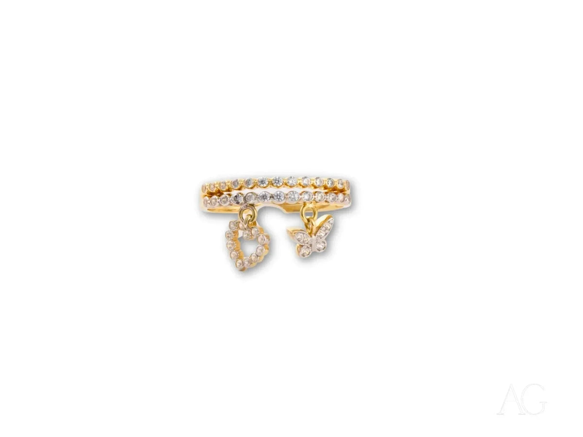 Exquisite solid 18k yellow gold ring with CZ heart and butterfly charms
